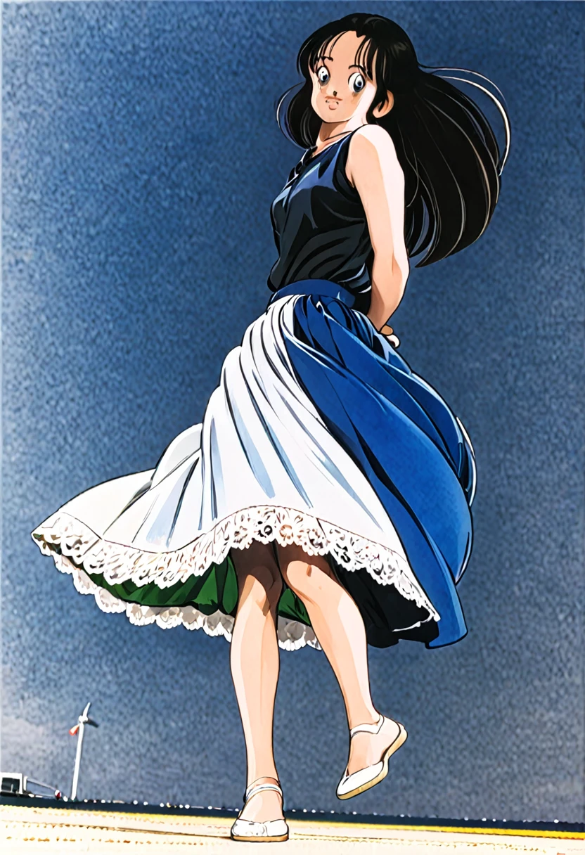音無響子制服のLong skirt、The color is dark blue、
Low - Angle、制服のLong skirt、The color is dark blue、
Low - Angle、Long skirt、Hold down your skirt that is being blown up by the strong wind、Anime white panties in a strong wind、Crotch is visible
ローレグのパンツ、Color: White、
Crotch is visible、
、Lined、White lace lining、
