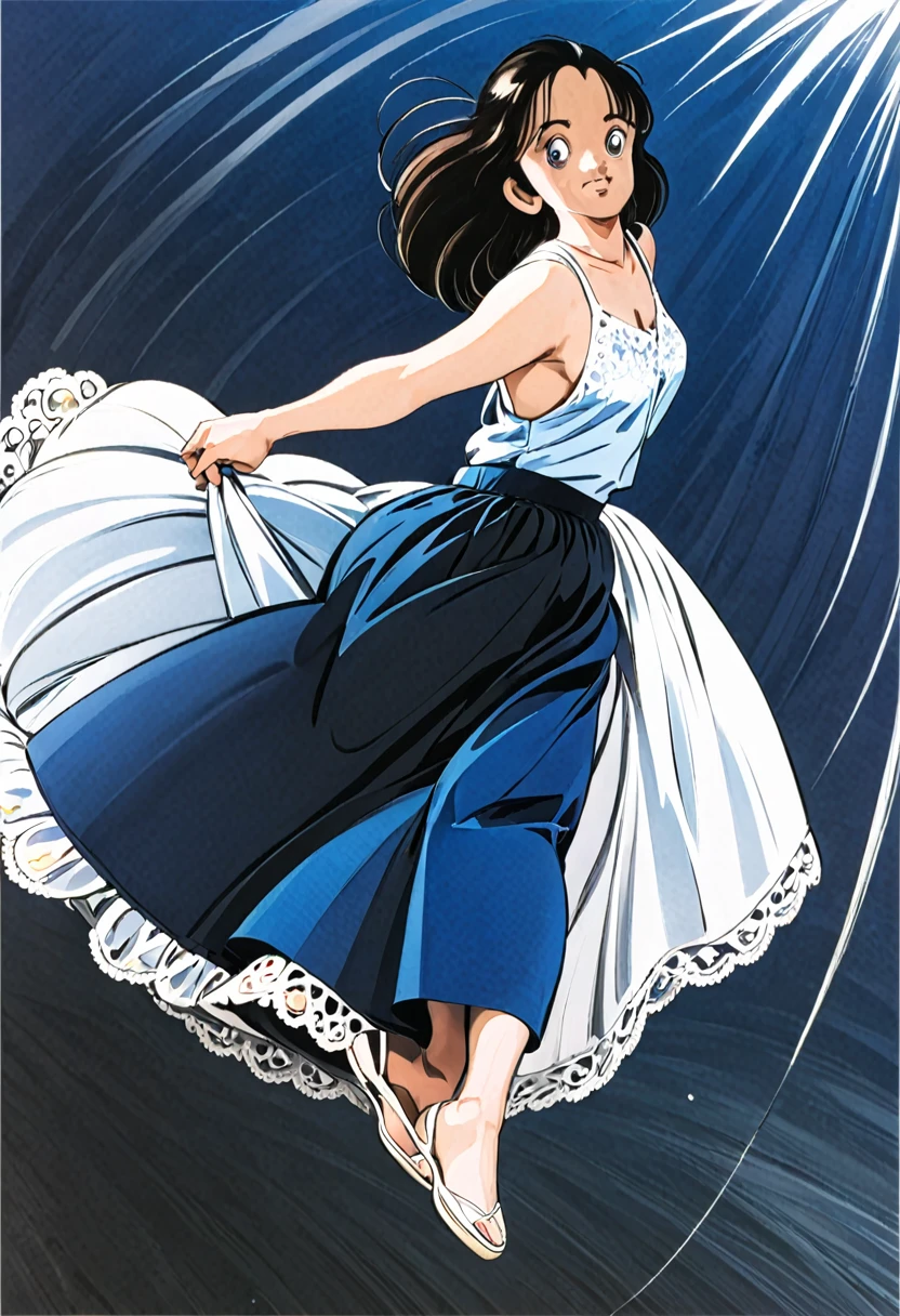 音無響子制服のLong skirt、The color is dark blue、
Low - Angle、制服のLong skirt、The color is dark blue、
Low - Angle、Long skirt、Hold down your skirt that is being blown up by the strong wind、Anime white panties in a strong wind、Crotch is visible
ローレグのパンツ、Color: White、
Crotch is visible、
、Lined、White lace lining、
