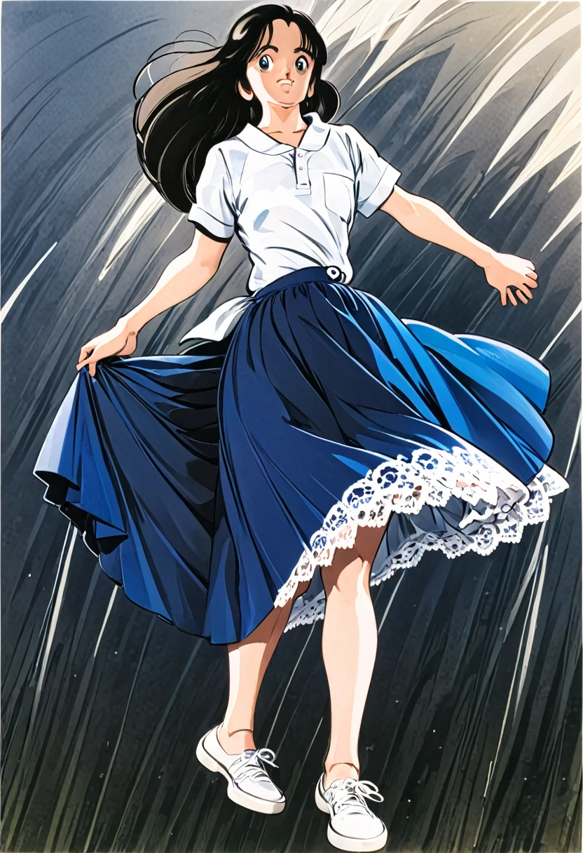 音無響子制服のLong skirt、The color is dark blue、
Low - Angle、制服のLong skirt、The color is dark blue、
Low - Angle、Long skirt、Hold down your skirt that is being blown up by the strong wind、Anime white panties in a strong wind、Crotch is visible
ローレグのパンツ、Color: White、
Crotch is visible、
、Lined、White lace lining、