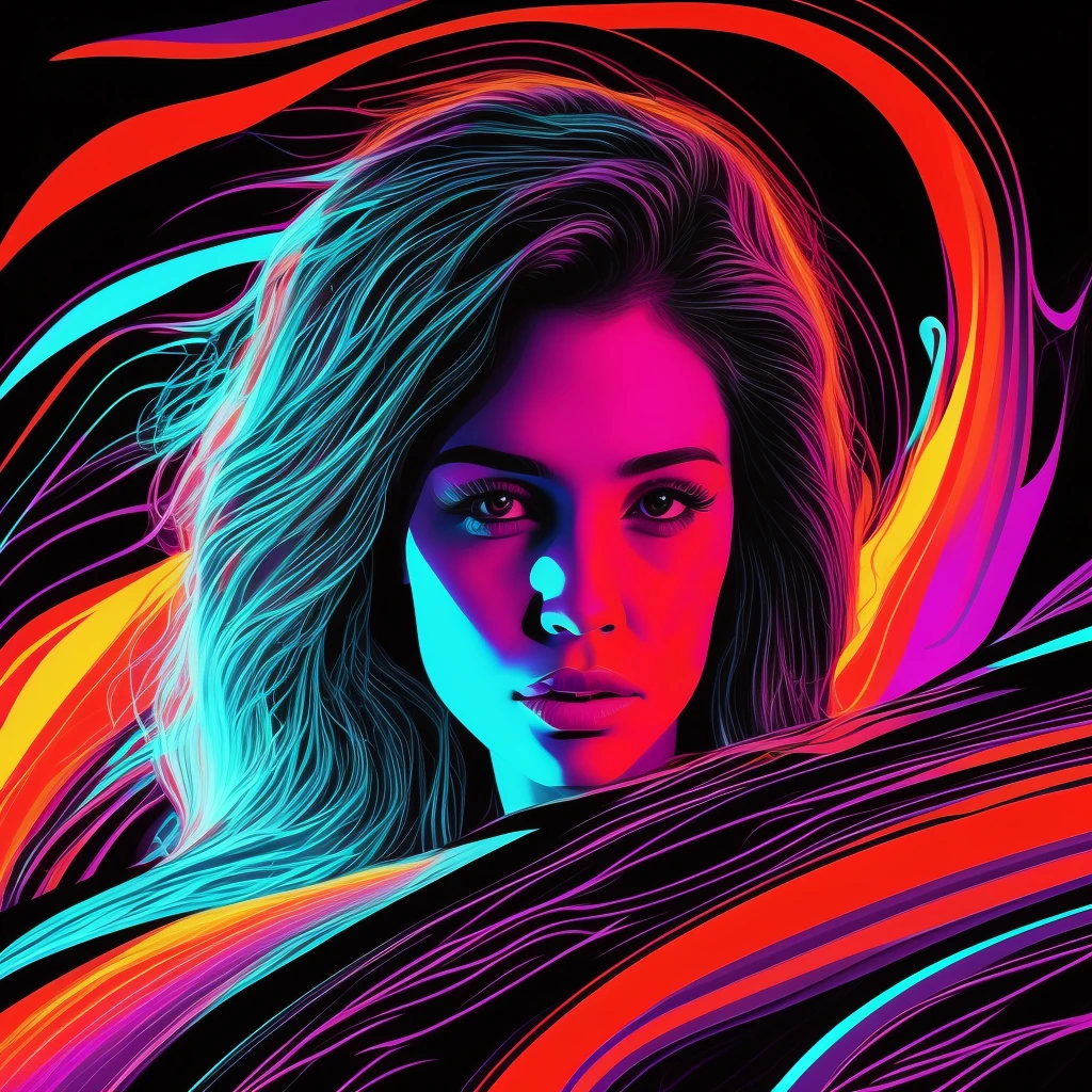 hot girl, car, vectorised, synthetic wave, purple blue red orange, bright neon colors on a dark background,