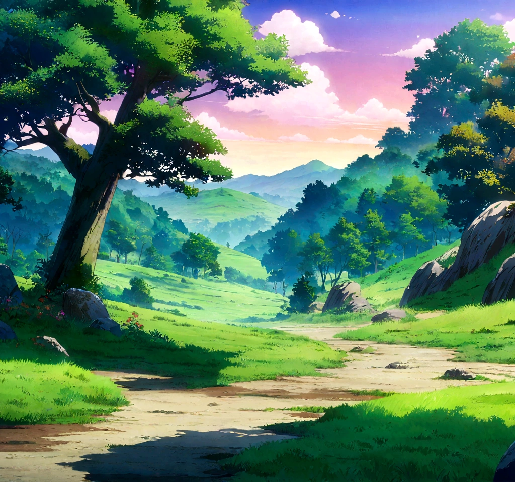 
anime - style painting of a tree in a grassy field with rocks, anime countryside landscape, anime landscape, anime landscape wallpaper, anime background art, beautiful anime scenery, anime background, anime beautiful peace scene, anime scenery, anime movie background, anime nature, anime scenery concept art, colorful anime movie background, beautiful anime scene, anime scene, beautiful landscape background