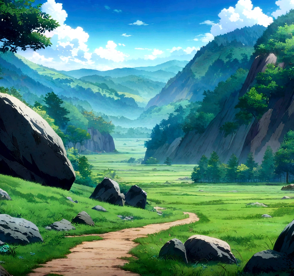anime - style painting of a tree in a grassy field with rocks, anime countryside landscape, anime landscape, anime landscape wallpaper, anime background art, beautiful anime scenery, anime background, anime beautiful peace scene, anime scenery, anime movie background, anime nature, anime scenery concept art, colorful anime movie background, beautiful anime scene, anime scene, beautiful landscape background
