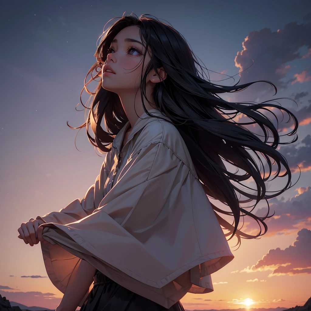 a beautiful sunrise, 1girl looking up at the sky, long dark hair, dreamy expression, soft lighting, muted colors, atmospheric, cinematic, hyper detailed, intricate, photorealistic, masterpiece, 8k