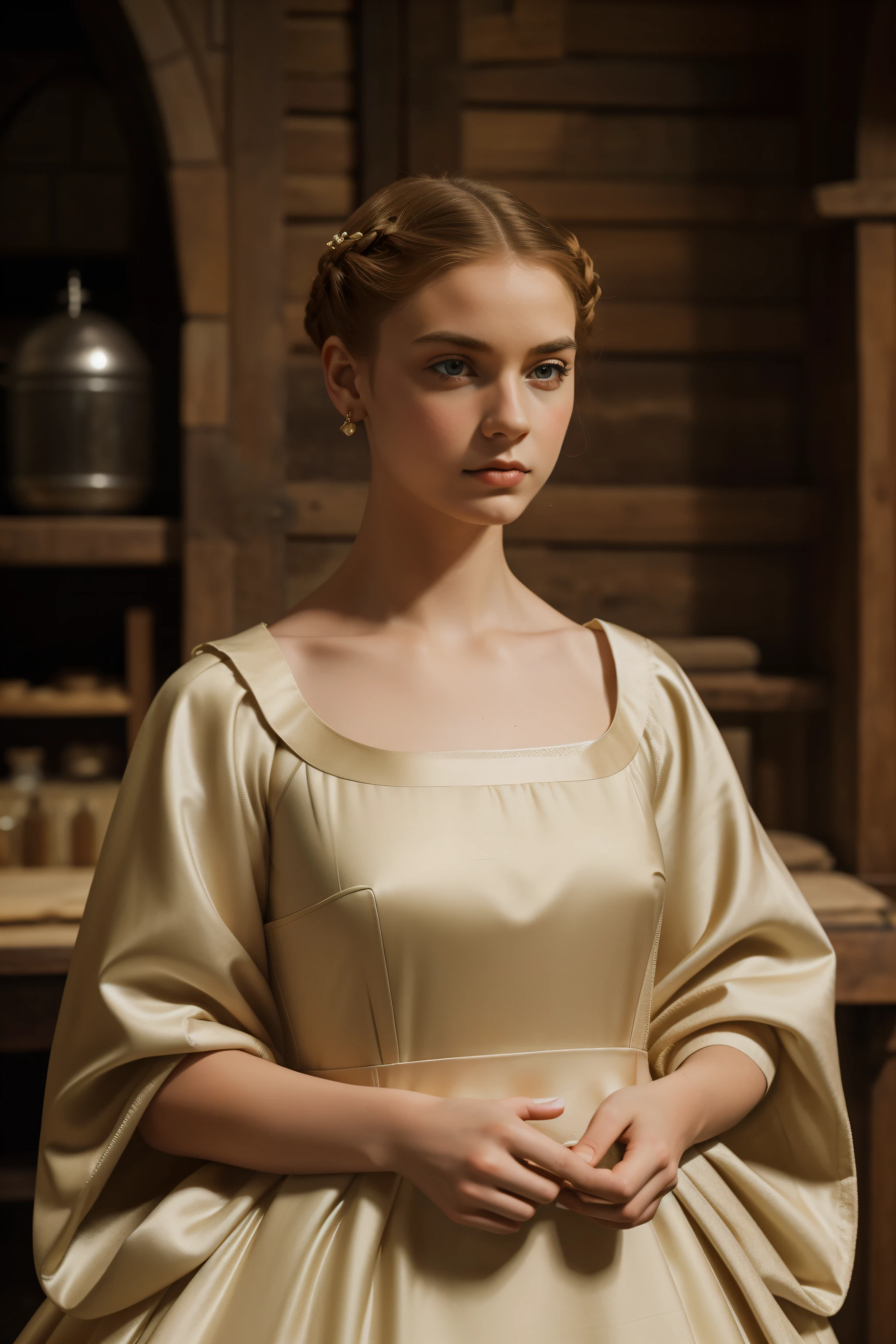 england, 1337. A young man ((((20 years old)) Caro Wooler)), appealing, expressive eyes, inside a dome workshop, ((((angry expression)))). ((((1300s clothing, ful dressed)))), ((light brown hairstyle from the 1300s))