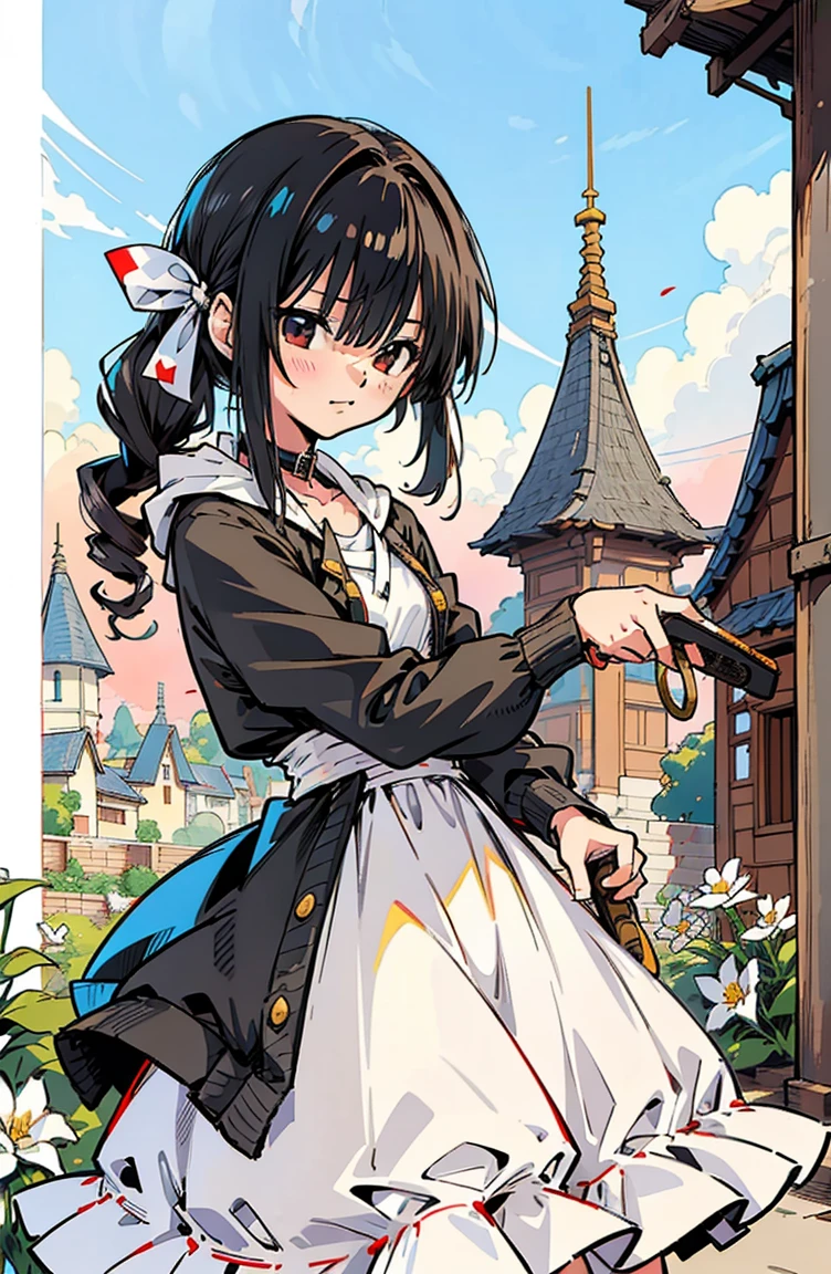 (masterpiece, best quality, ultra-detailed, illustration), hasuichi nishizono, rekkyo sensen, rekkyou sensen, beautiful face, black hair, perfect body, 1girl in, solo, hoodies in sweater, hair ribbon, drill hair, twin drills, camisoles and dress, straps, legends, collar, handcuffs, background with((village, old houses, outdoors, folk, fantasy world, ruin, castle, beautiful sky, shining sky, sunshine))