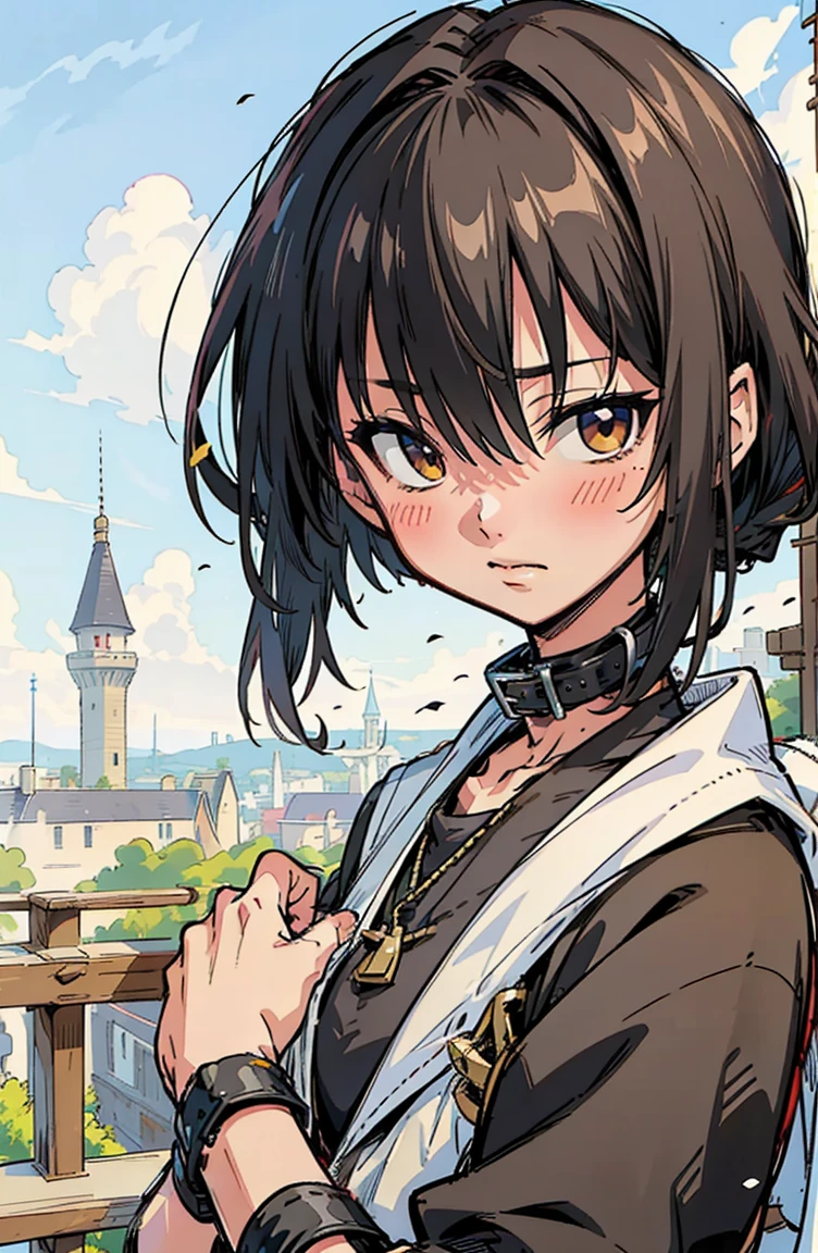 (masterpiece, best quality, ultra-detailed, illustration), hasuichi nishizono, rekkyo sensen, rekkyou sensen, beautiful face, black hair, perfect body, 1girl in, solo, hoodies in sweater, hair ribbon, drill hair, twin drills, camisoles and dress, straps, legends, collar, handcuffs, background with((village, old houses, outdoors, folk, fantasy world, ruin, castle, beautiful sky, shining sky, sunshine))