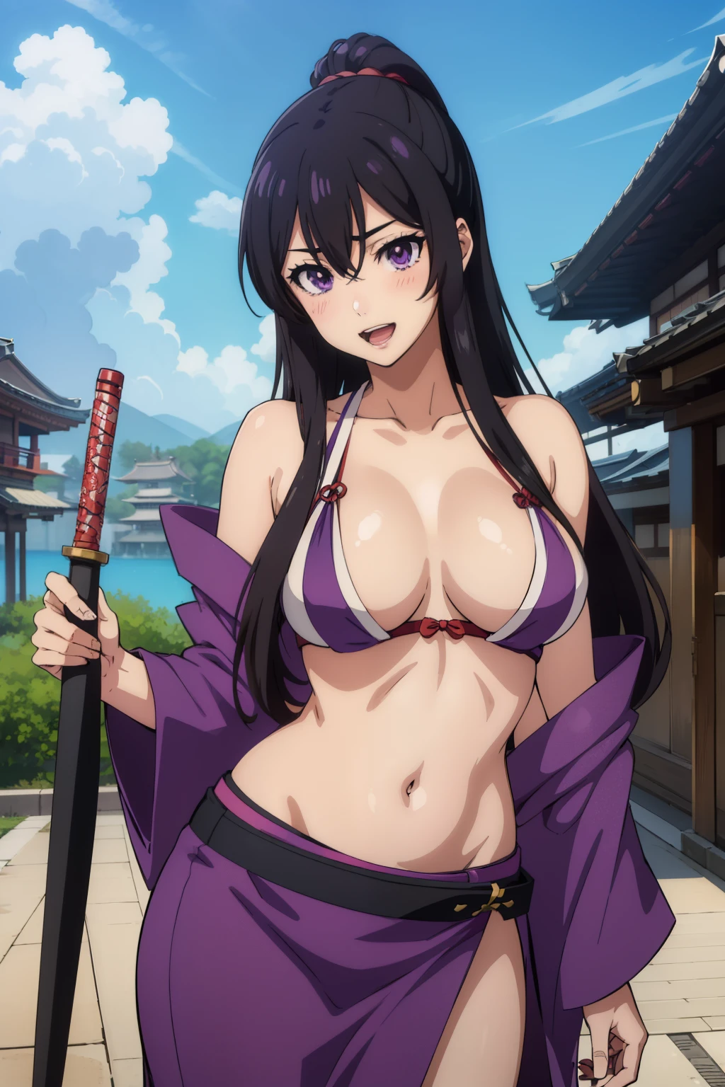 hizuruminakata, hizuru minakata, long hair, black hair, (purple eyes:1.1), large breast,
blush, lipstick, masterpiece, best quality, highly detailed, a anime girls in kimono dress with a sword posing for a
picture, bare shoulder,open kimono, evil smile, open mouth, crop top , (nsfw) not safe for work, smile,
ecchi anime style, anime girls, ecchi style, ecchi, digital anime art!!, in anime style, official artwork, visual
novel cg, beautiful anime girl, anime style 4 k, kimono pencil skirt, exposed belly, exposed navel,
exposed midriff, exposed lower belly, outdoor, japanese architecture, temple