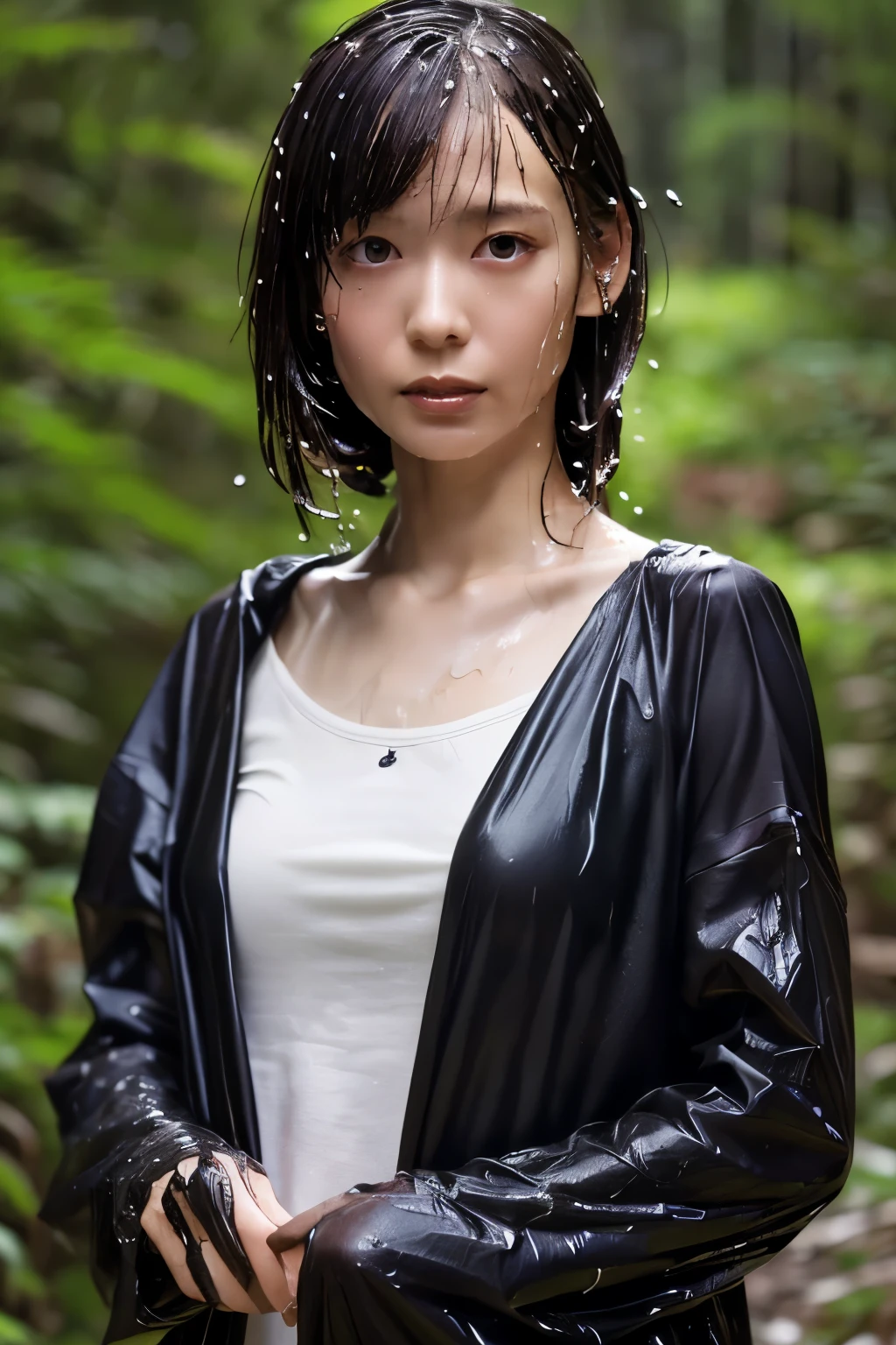 Best Image Quality, masterpiece, Ultra high resolution, (loyalty :1.4), Skinny Japanese woman, 1 girl, detailed face, detailed eyes, correct human body structure, dim, Dark, Tears, Tearsdrop, (White tight shirt), (wet soaked clothes sticking to the body:1.4), bare shoulders, wet hair, torrential rain, in the deep forest,