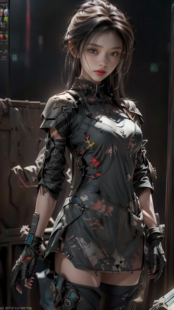 ((top-quality)), ((masterpiece)), (detaileds:1.4),。.。.。.。.。.。.。.。.。.。.。.3d, Beautiful Cyberpunk Woman Image,nffsw(HighDynamicRange),Ray Tracing,nvidia RTX,Hyper-Resolution,Unreal 5,Sub-surface scattering,PBR Texturing,Postprocess,Anisotropy Filtering,depth of fields,Maximum clarity and sharpness,multi-layer texture,Albedo and specular maps,Surface Shading,Accurate simulation of light-material interactions,perfectly proportions,Octane Rendering,Two-tone lighting,Wide aperture,Low ISO、White Balance、thirds rule、8K Raw、(Armor with a red dragon design),(((Clothes and armor are tattered))),(((Clothes are stained with dirt or dust))),((Upper body portrait))(((a miniskirt)))