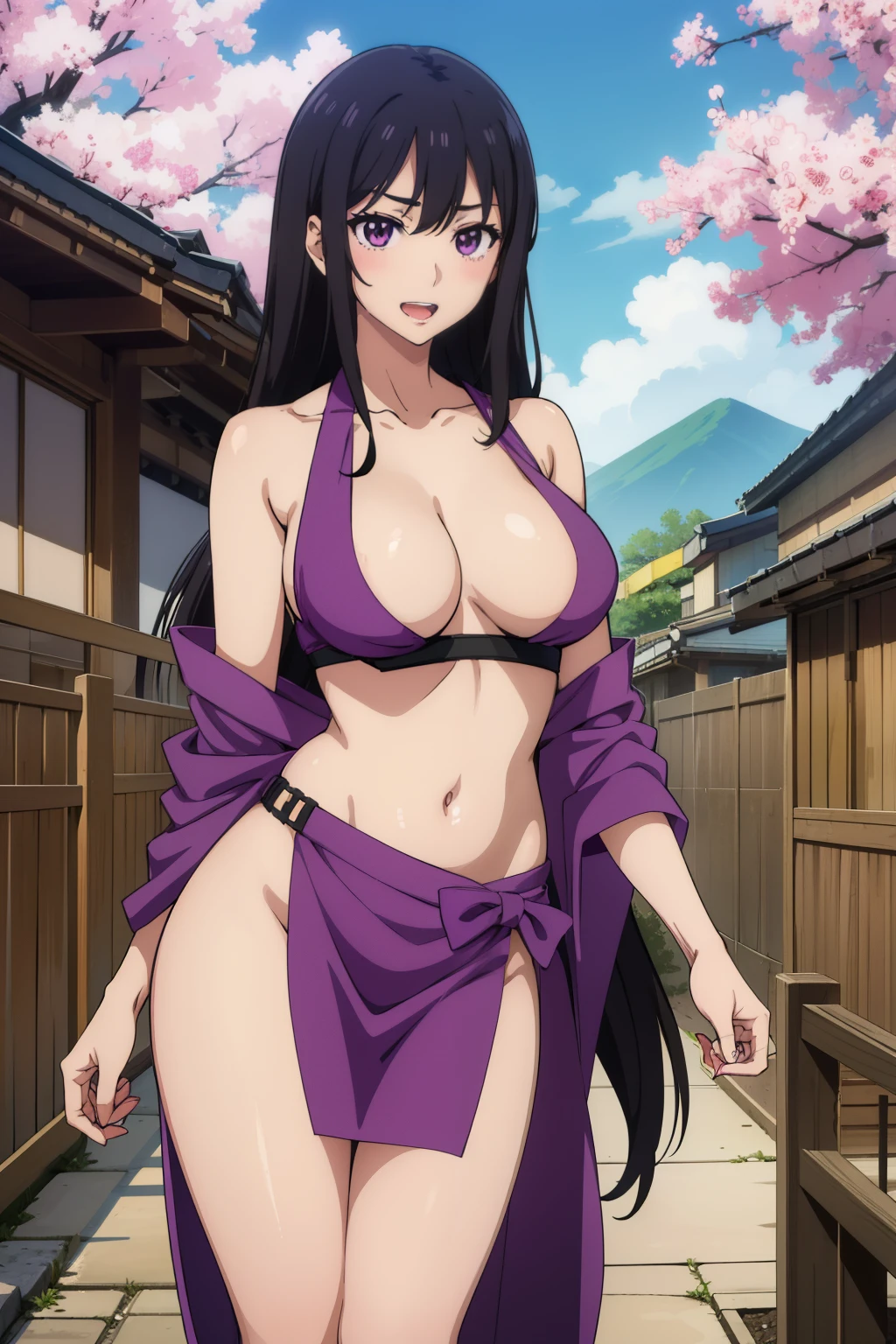 hizuruminakata, hizuru minakata, long hair, black hair, (purple eyes:1.1), large breast,
blush, lipstick, masterpiece, best quality, highly detailed, a anime girls in kimono dress with a sword posing for a
picture, bare shoulder,open kimono, evil smile, open mouth, crop top , (nsfw) not safe for work, smile,
ecchi anime style, anime girls, ecchi style, ecchi, digital anime art!!, in anime style, official artwork, visual
novel cg, beautiful anime girl, anime style 4 k, kimono pencil skirt, exposed belly, exposed navel,
exposed midriff, exposed lower belly, outdoor, japanese architecture, temple