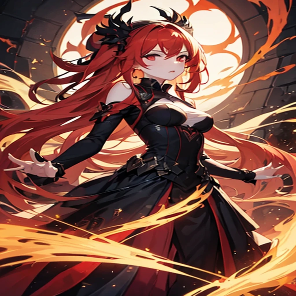  Flames, 1 girl, bright scarlet hair, long hair, white skin, pale skin, red eyes, dynamic pose, empty eyes, black dress