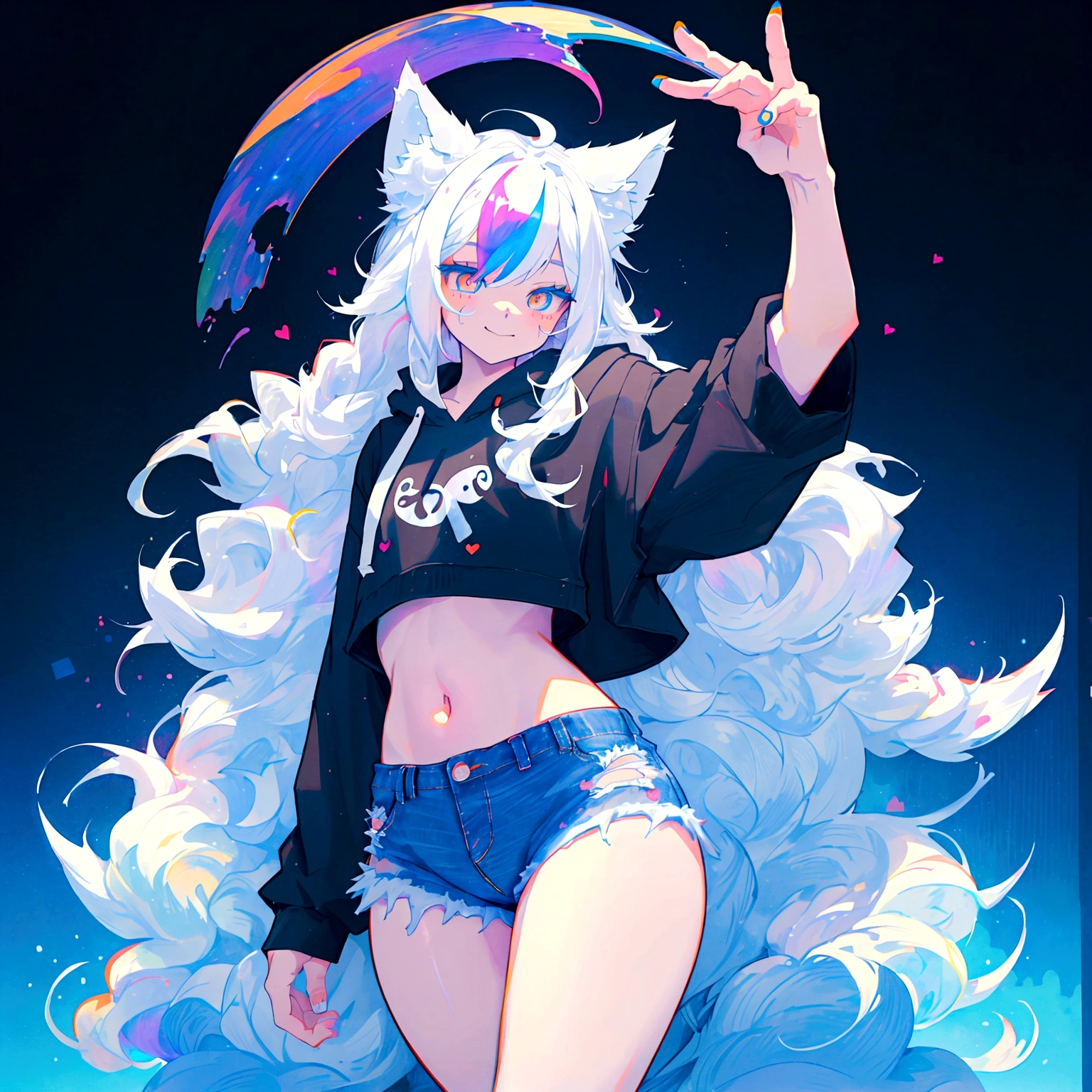 a cute adult male with wolf ears, long white hair, long locks, has a wolf tail, wearing a loose cropped black hoodie, wearing a pair of denim short shorts and fishnet stockings, thick thighs, wide hips, relaxing on mound of fluffy multi colored kawaii plushies, short, very slim, showing slender tummy, heart on hoodie, squishy thighs, has glowing blue eyes. alone, solo (ALONE)(SOLO), surrounded by rainbows, colorful galaxy backround, smiling, stretching out