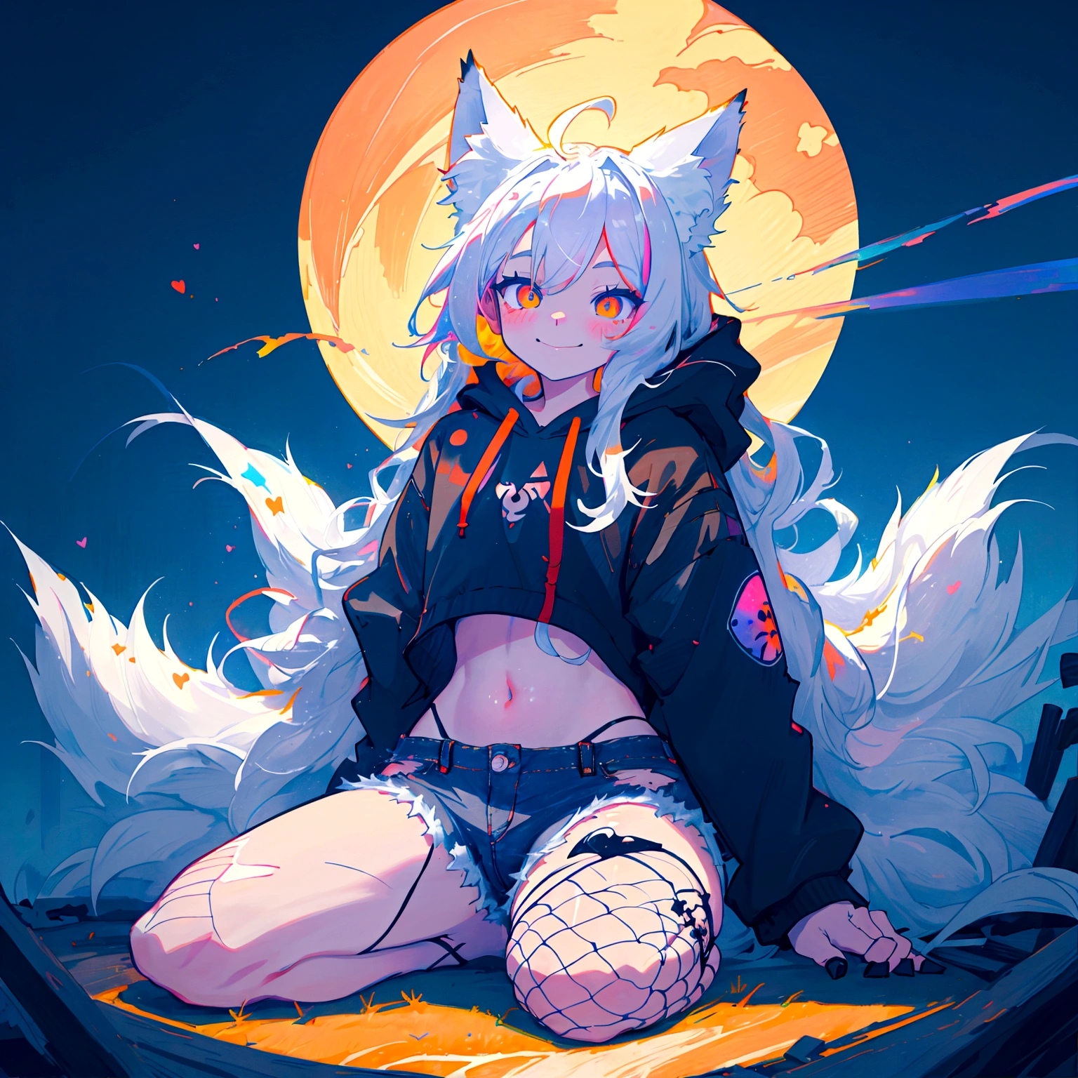 a cute adult male with wolf ears, long white hair, long locks, has a wolf tail, wearing a loose cropped black hoodie, wearing a pair of denim short shorts and fishnet stockings, thick thighs, wide hips, relaxing on mound of fluffy multi colored kawaii plushies, short, very slim, showing slender tummy, heart on hoodie, squishy thighs, has glowing blue eyes. alone, solo (ALONE)(SOLO), surrounded by rainbows, colorful galaxy backround, smiling, stretching out