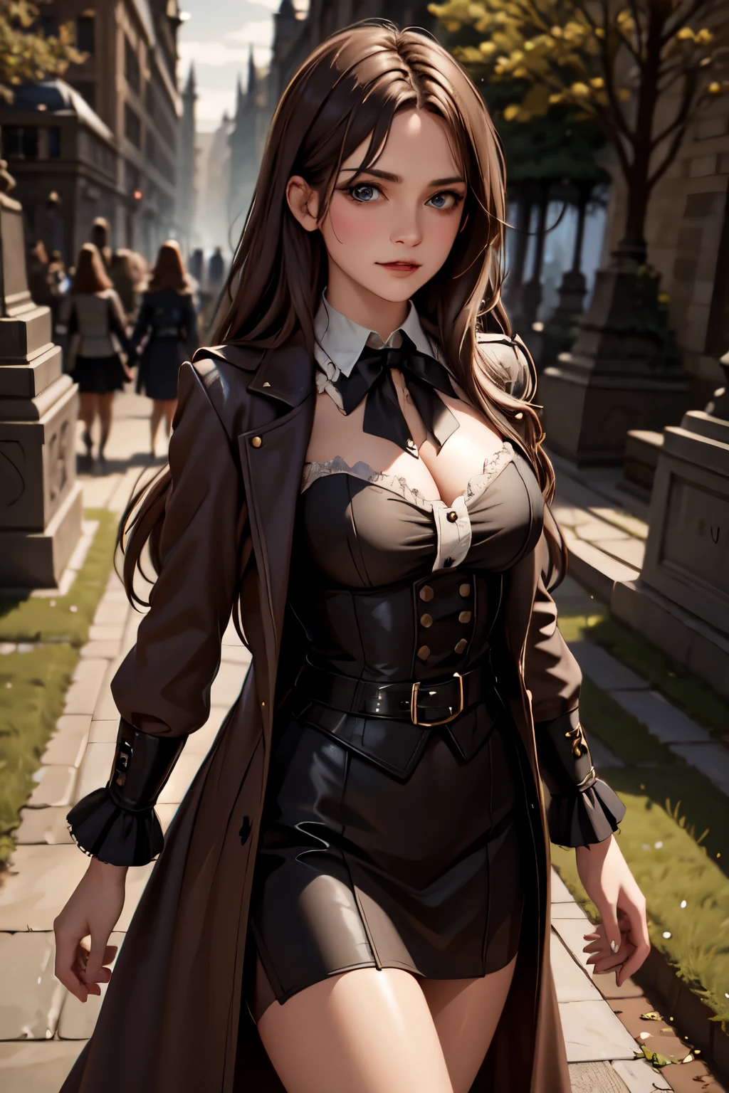 Cinematic, Vampire slayers, walks in an Gothic cemetery at night wearing a gothic steampunk fashion dress, fog and rainy condition, ghostly atmosphere, 1800s, (high skin detail: 1.2), ultra-detailed, photo-realistic, depth of field, cinematic lighting, IMAX camera, HDR, DTM, Full HD, 8k , captured in ultra high resolution with photorealistic and beautiful lighting. This masterpiece is of the best quality and is set against a zentangle abstract background (weighted at 1.4).
