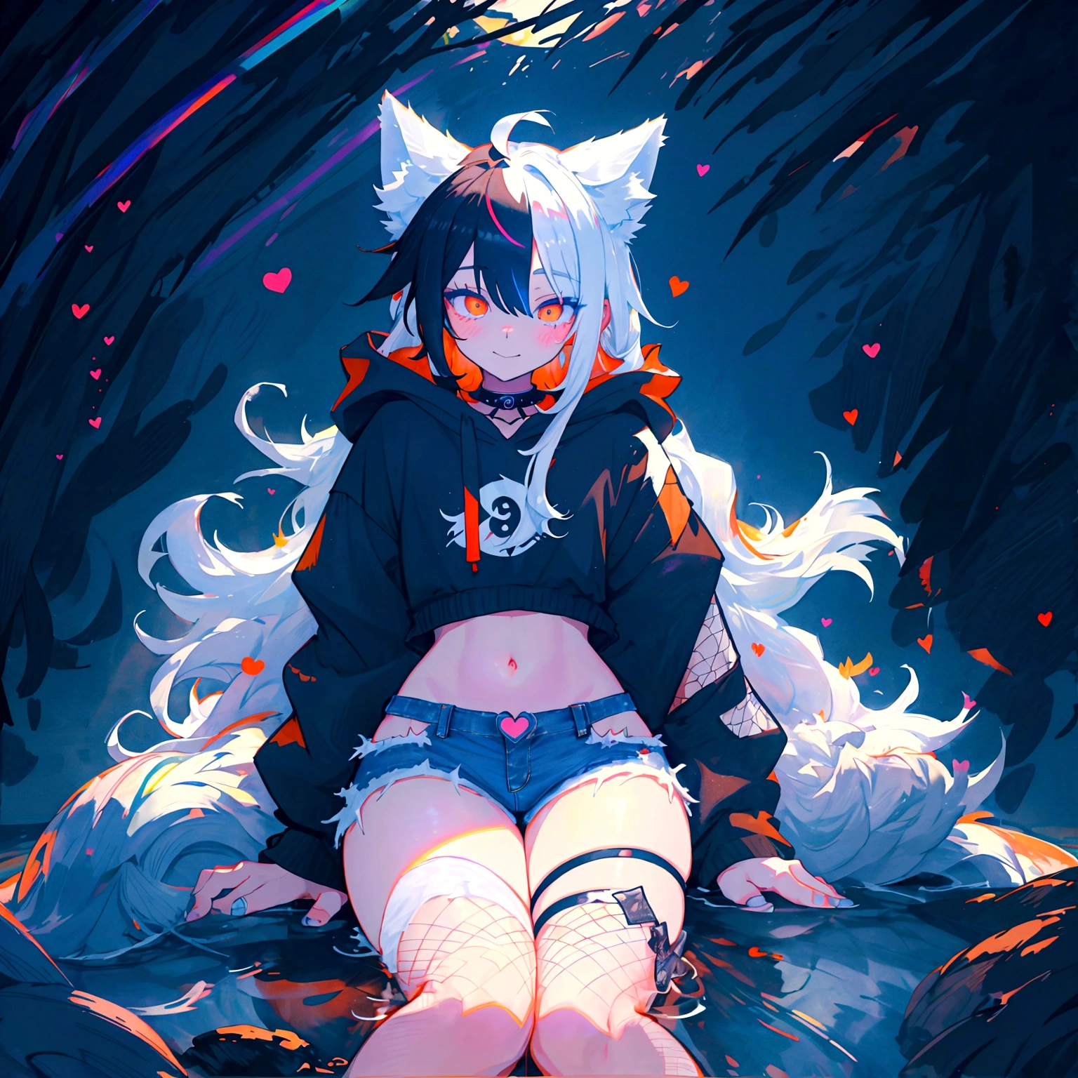 a cute adult male with wolf ears, white hair, has a wolf tail, wearing a loose cropped oversized black hoodie, wearing a pair of denim short shorts and fishnet stockings, thick thighs, wide hips, relaxing on mound of fluffy animal plushies, short, very slim, showing slender tummy, stretching out, heart on hoodie, squishy thighs, has glowing blue eyes. alone, solo (ALONE)(SOLO)