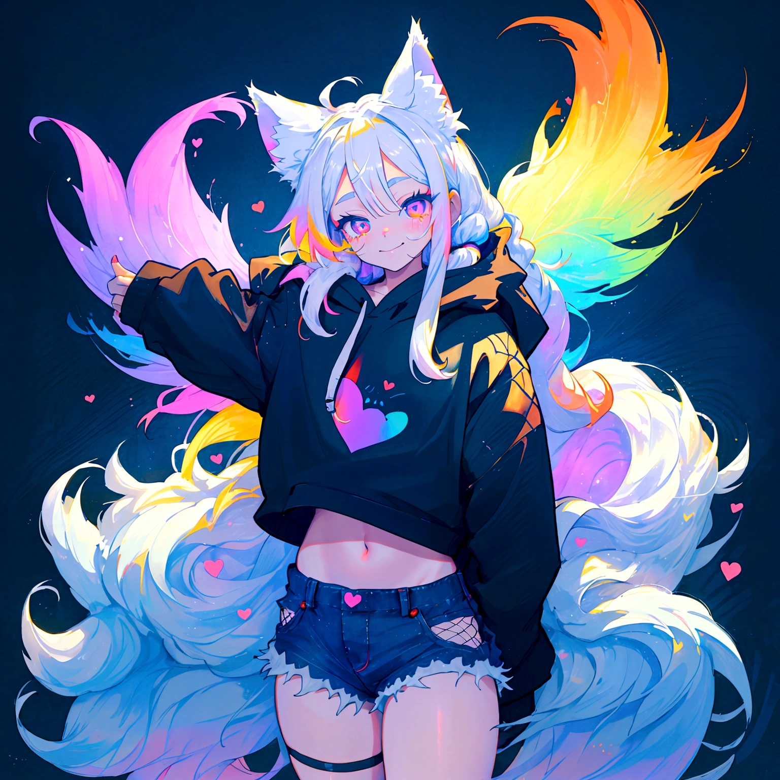 a cute adult male with wolf ears, long white hair, long locks, has a wolf tail, wearing a loose cropped black hoodie, wearing a pair of denim short shorts and fishnet stockings, thick thighs, wide hips, relaxing on mound of fluffy multi colored kawaii plushies, short, very slim, showing slender tummy, heart on hoodie, squishy thighs, has glowing blue eyes. alone, solo (ALONE)(SOLO), surrounded by rainbows, colorful galaxy backround, smiling, stretching out