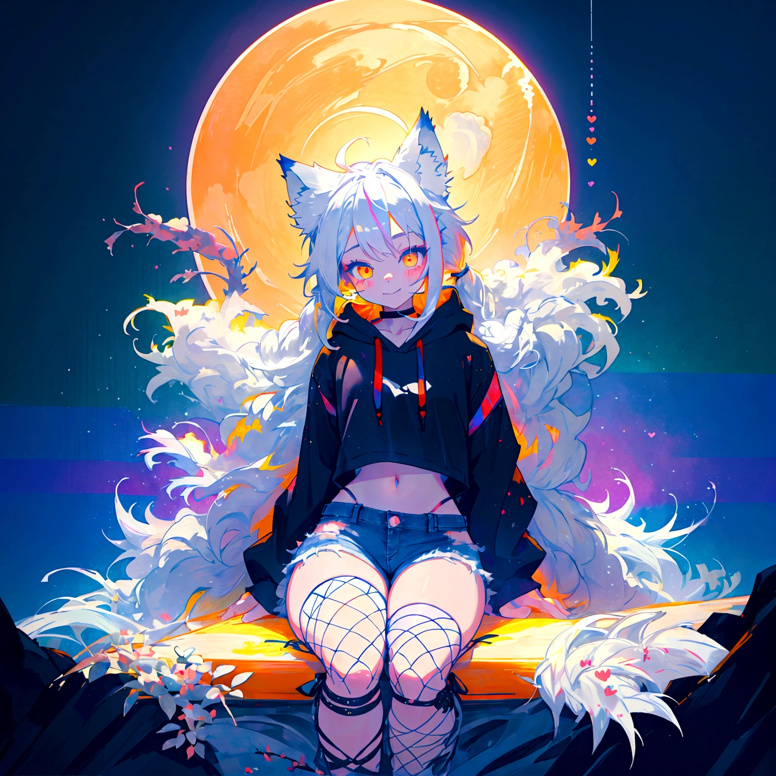 a cute adult male with wolf ears, long white hair, long locks, has a wolf tail, wearing a loose cropped black hoodie, wearing a pair of denim short shorts and fishnet stockings, thick thighs, wide hips, relaxing on mound of fluffy multi colored kawaii plushies, short, very slim, showing slender tummy, heart on hoodie, squishy thighs, has glowing blue eyes. alone, solo (ALONE)(SOLO), surrounded by rainbows, colorful galaxy backround, smiling, stretching out