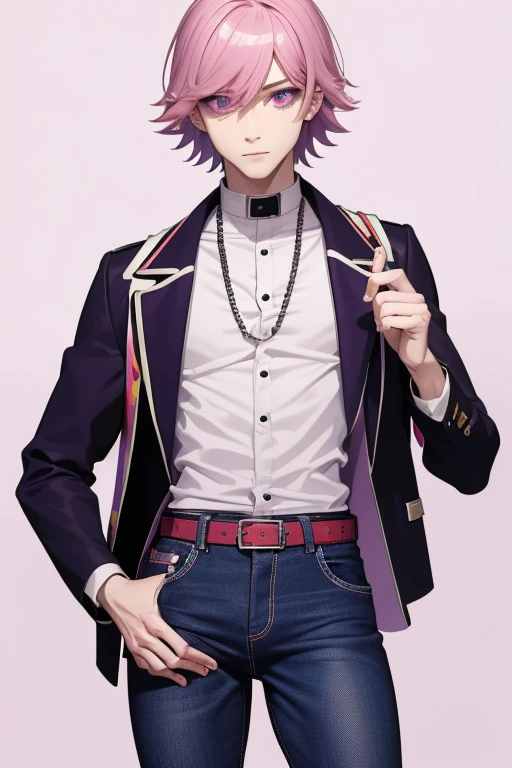 Gumball Handsome 18 year old boy with pale pink hair, pale pink skin, pierced ears, purple eyes, pale purple open jean vest, white shirt with candy print, black belt, red jeans, necklace with blue gem, looking directly at the viewer. a white background.