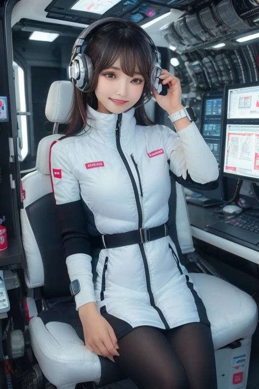 masterpiece, Highest quality, Very detailed, 8K Portrait,Japanese Android Girl,plump , Control panel,Robotic arms and legs, Blunt bangs,,break (Metallic Gray, Metallic luster, Mirror finish, Astro Best):5,headphone:5,break (Black sleeves):100,Smart Watches,Futuristic space station,Control Room,break headphone,blue eyes,(Black Hair):2,(Long Hair):1.3,Displaying the viewer,(respirator),break blush:3,Hidden Hand,smile