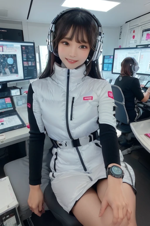 masterpiece, Highest quality, Very detailed, 8K Portrait,Japanese Android Girl,plump , Control panel,Robotic arms and legs, Blunt bangs,,break (Metallic Gray, Metallic luster, Mirror finish, Astro Best):5,headphone:5,break (Black sleeves):100,Smart Watches,Futuristic space station,Control Room,break headphone,blue eyes,(Black Hair):2,(Long Hair):1.3,Displaying the viewer,(respirator),break blush:3,Hidden Hand,smile