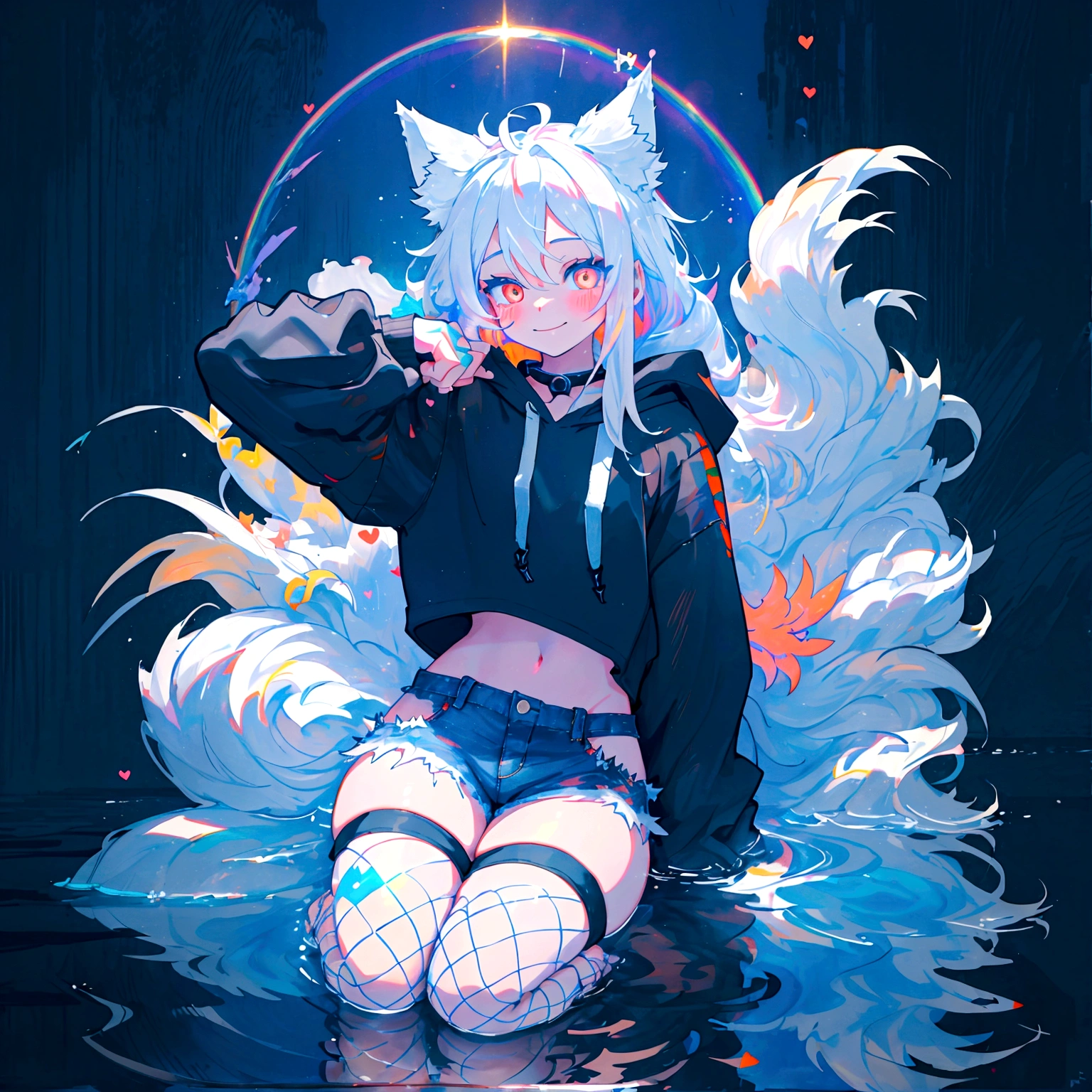 a cute adult male with wolf ears, long white hair, long locks, has a wolf tail, wearing a loose cropped black hoodie, wearing a pair of denim short shorts and fishnet stockings, thick thighs, wide hips, relaxing on mound of fluffy multi colored kawaii plushies, short, very slim, showing slender tummy, heart on hoodie, squishy thighs, has glowing blue eyes. alone, solo (ALONE)(SOLO), surrounded by rainbows, colorful galaxy backround, smiling, stretching out, water reflection