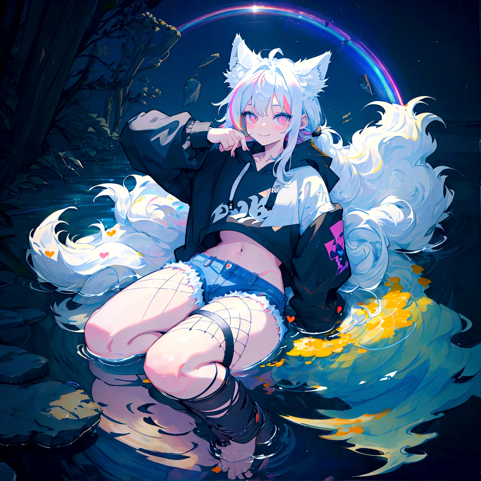 a cute adult male with wolf ears, long white hair, long locks, has a wolf tail, wearing a loose cropped black hoodie, wearing a pair of denim short shorts and fishnet stockings, thick thighs, wide hips, relaxing on mound of fluffy multi colored kawaii plushies, short, very slim, showing slender tummy, heart on hoodie, squishy thighs, has glowing blue eyes. alone, solo (ALONE)(SOLO), surrounded by rainbows, colorful galaxy backround, smiling, stretching out, water reflection