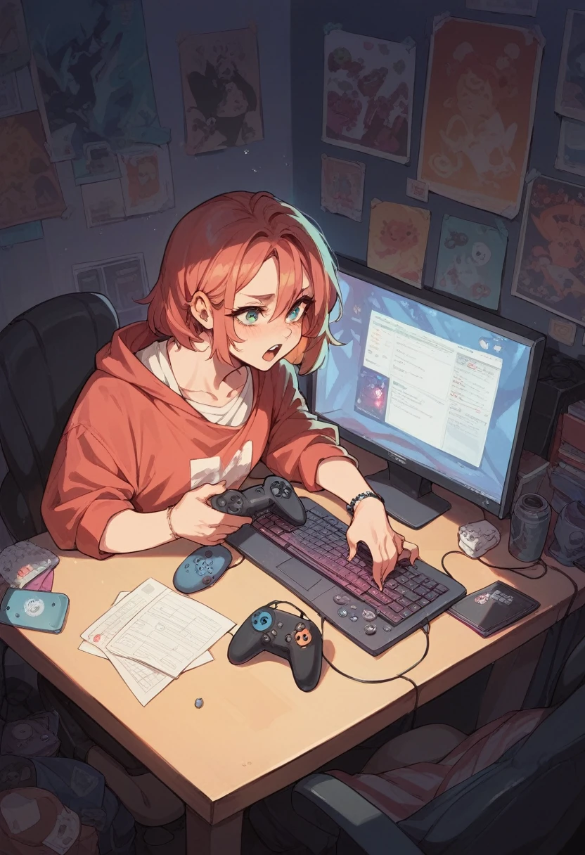 girl with a gamer keyboard and gamer computer at her desk in  