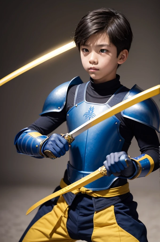  boy, grappling, blue armor with yellow stripes, holding sword.