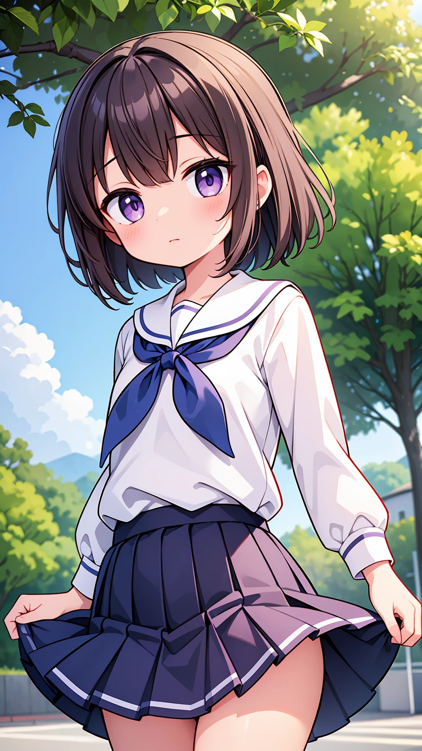 (High quality), (masterpiece), (very detailed), girl, (small chest), short brown hair, purple eyes, shy face, (li), showing her thighs, on the school yard, sunny, camera angle from below, adorable eyes, (primar school uniform), panties, (skirt lifted by strong wind)