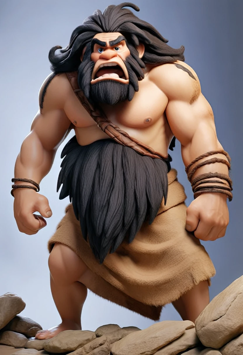 A robust, angry Neanderthal man, angry expression, long black messy hair, spiky beard, somewhat hairy body, wearing a brown fur toga with black spots, bare feet.