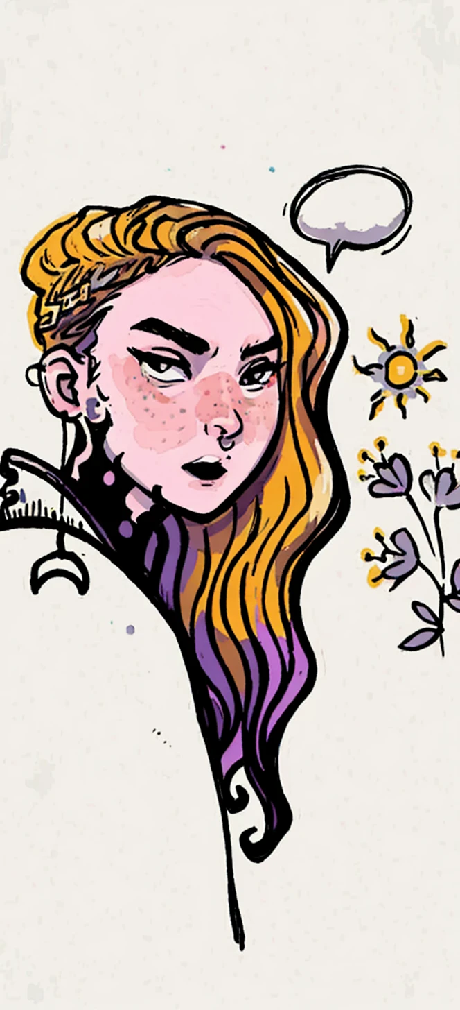 Hyper detailed gouache painting, Close-up, portrait, beautiful girl, outline, freckles, black background, light on face, dream, magical atmosphere, cinematic lighting, textured painting, hyper detailed