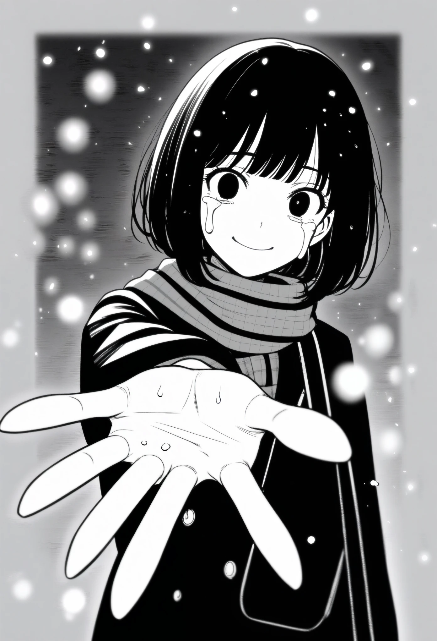 masterpiece, best quality, 1girl, mamerakkkkko, grayscale, manga style, japanese, chi no wadachi, black eyes, street, iced, black hair, schoolbag, smile, lineart, black coat, black scarf, black pleated skirt, leggins, centered, 18 years old, tall, fair skinned, bokeh background, crying, tears, tears streaming, bob cut, light particles, centered, snowing, (((reaching one hand toward viewer, reaching out one hands towards the viewer, hand)))
