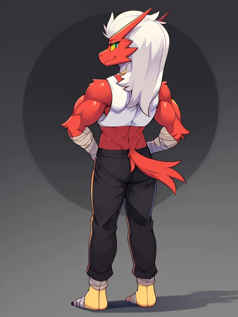 [blaziken], (mayosplash), (wamudraws)], ((masterpiece)), ((HD)), ((solo portrait)), ((back view)), ((furry; anthro)), ((detailed shading)), ((beautiful render art)), ((intricate details)), {anthro; red feathers, red beak, (yellow talon feet), (long white hair), cute teal eyes, (yellow sclera), (half-closed eyes), (medium boobs), (defined muscles), (beautiful feet), bandaged feet, (clothing, topwear: tanktop, bottomwear:(pants:black)),{(standing), (dynamic pose)}