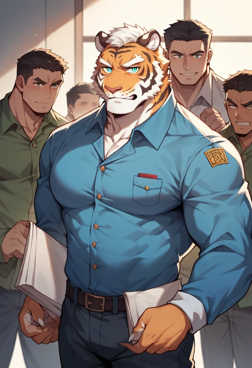 Siberian tiger，personification，Mature male，Strong Man，Enthusiastic expression，Cyan pupils，Light white eyebrows，Workers clothing。