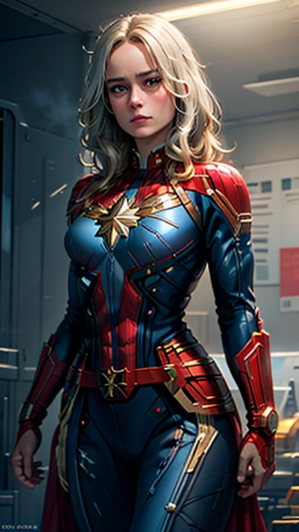 Brie Larson as Captain Marvel, photorealistic, high resolution, soft light,1women, solo, hips up, shining skin, (detailed face), captain marvel costume, white hair