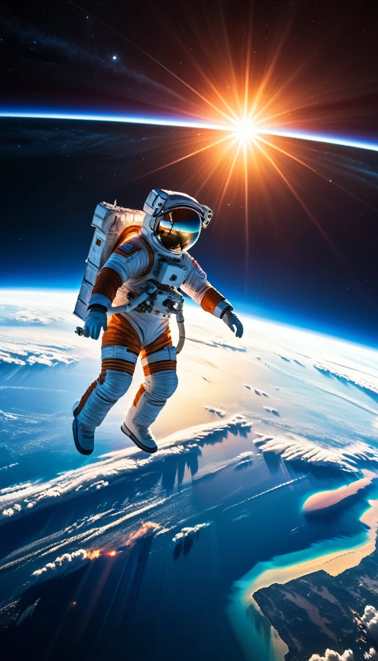 A beautiful sunrise over the Earth as seen from the International Space Station, an ultra-detailed 8k cinematic masterpiece landscape with stunning atmospheric effects, dramatic lighting, vibrant colors, (best quality,4k,8k,highres,masterpiece:1.2),ultra-detailed,(realistic,photorealistic,photo-realistic:1.37),HDR,UHD,studio lighting,physically-based rendering,extreme detail description,professional,vivid colors,dramatic lighting,cinematic composition,stunning atmospheric effects,stunning Earth from space,detailed space station exterior,detailed astronaut in EVA suit,lens flare,atmospheric haze,God rays