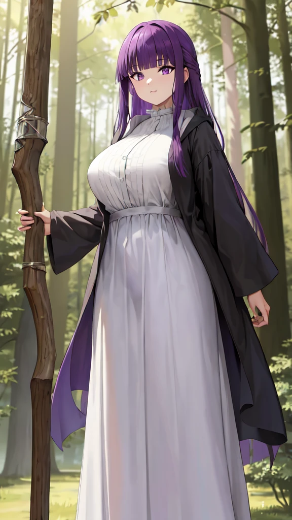 masterpiece, Highest quality, High resolution, Arfern, Long Hair, Purple Hair, Blunt bangs, Purple eyes, Large Breasts, Long dress, White Dress, Black Robe, Long sleeve, Are standing, holding staff, forest, Cowboy Shot,