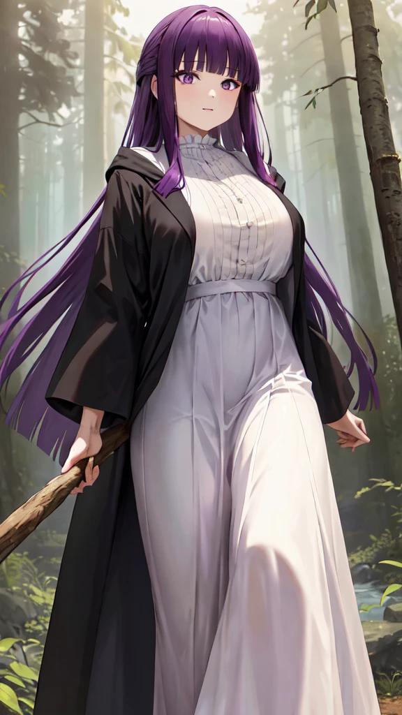 masterpiece, Highest quality, High resolution, Arfern, Long Hair, Purple Hair, Blunt bangs, Purple eyes, Large Breasts, Long dress, White Dress, Black Robe, Long sleeve, Are standing, holding staff, forest, Cowboy Shot,