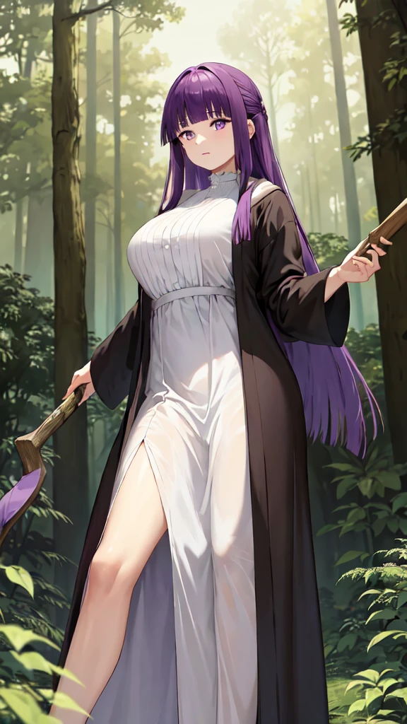 masterpiece, Highest quality, High resolution, Arfern, Long Hair, Purple Hair, Blunt bangs, Purple eyes, Large Breasts, Long dress, White Dress, Black Robe, Long sleeve, Are standing, holding staff, forest, Cowboy Shot,