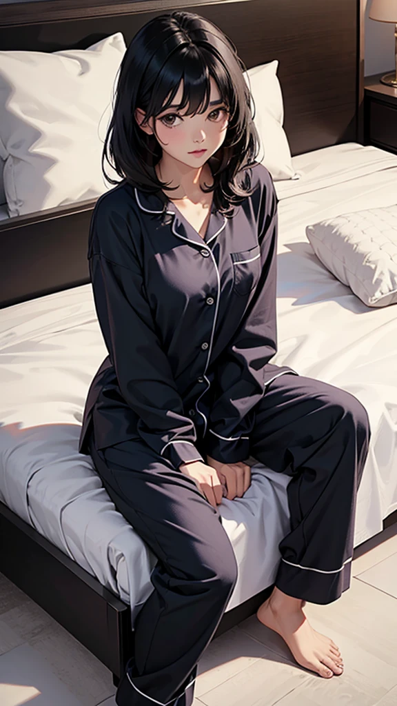 Sleeping girl, 22 years old, realistic, she is wearing black long pajama, black hair.