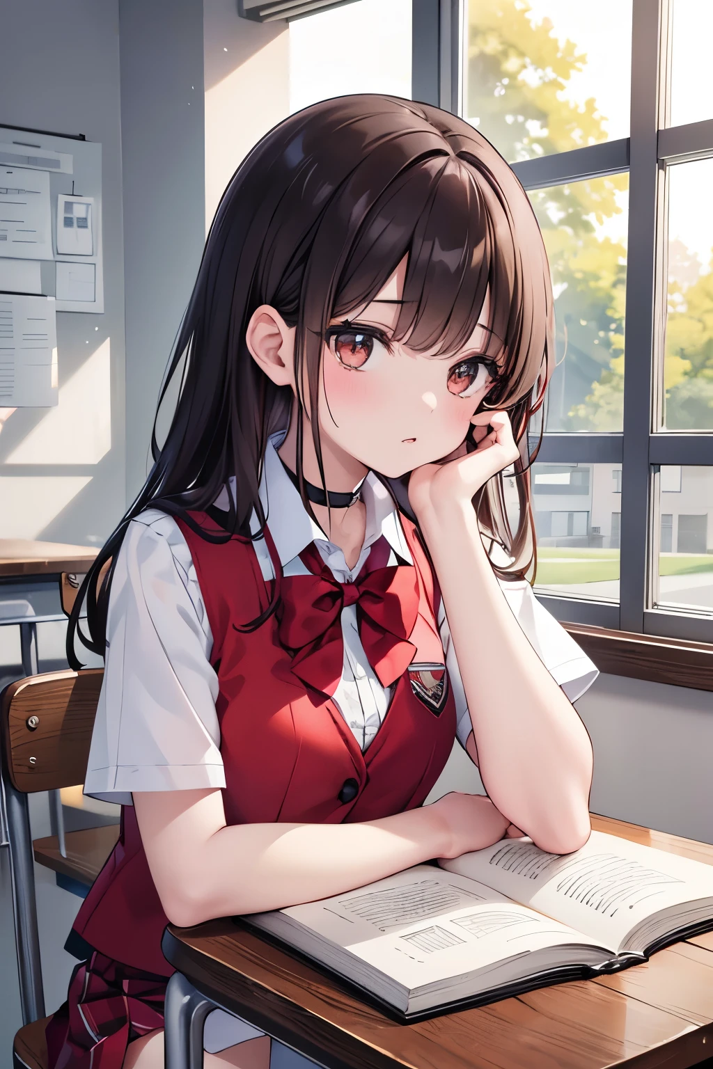 until, Best Quality, ultra high resolution, 1 girl, seventeen years, preparatory, sitting at an individual desk, paddle type support, dark brown straight hair, right fringe raised to one side, very raised to one side, Brown eyes, beautiful, surprised expression looking towards the camera, side view, turning to the front, childish and surprised look, school uniform, red vest with yellow accents, white short sleeve shirt with collar without bow or tie, white plank miniskirt, black choker, pose, holds an open book with his hands, half body shot, sitting on the shore near the window, block parapet façade, good quality background, clear, school window and blue tape and trees


