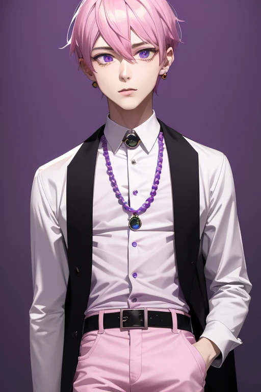 Gumball Handsome 18 year old boy with pale pink hair, pale pink skin, pierced ears, purple eyes, pale purple open jean vest, white shirt with candy print, black belt, red jeans, necklace with blue gem, looking directly at the viewer. a white background.