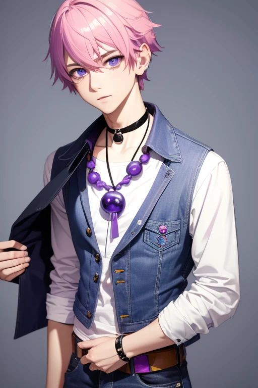 Gumball Handsome 18 year old boy with pale pink hair, pale pink skin, pierced ears, purple eyes, pale purple open jean vest, white shirt with candy print, black belt, red jeans, necklace with blue gem, looking directly at the viewer. a white background.