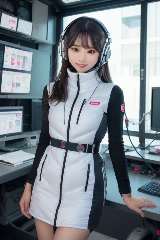 masterpiece, Highest quality, Very detailed, 8K Portrait,Japanese Android Girl,plump , Control panel,Robotic arms and legs, Blunt bangs,,break (Metallic Gray, Metallic luster, Mirror finish, Astro Best):5,headphone:5,break (Black sleeves):100,Smart Watches,Futuristic space station,Control Room,break headphone,blue eyes,(Black Hair):2,(Long Hair):1.3,Displaying the viewer,(respirator),break blush:3,Hidden Hand,smile