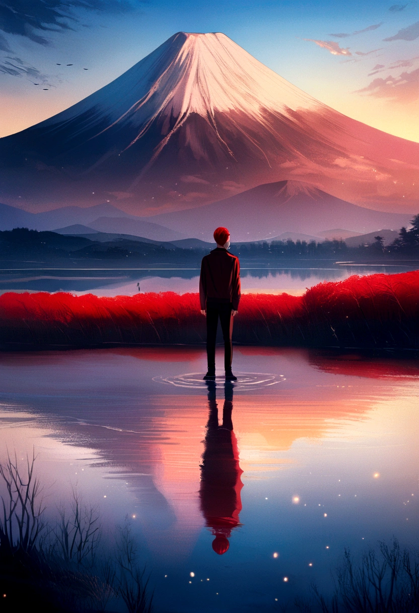 Cinematic, Scenic, Stunning image of Mount Fuji and its reflection in a lake at sunset, The sky is red, Bokeh, dream-like, Surreal, Realistic