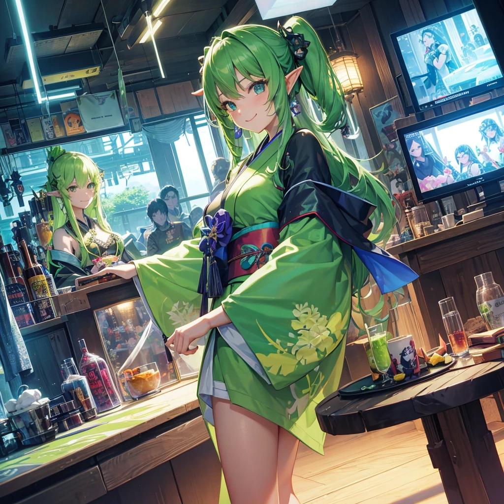Elf(Maid clothes(kimono) tropical tropicalジュース(tray) Tavern(Adventurer) cyber punk Green light swirling(hologram) Multiple monitors behind(Streaming screen magic circle) Adventurer Medieval Fantasy smile night comics)