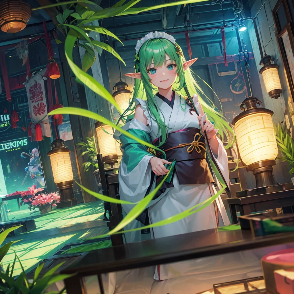 Elf(Maid clothes(kimono) tropical tropicalジュース(tray) Tavern(Adventurer) cyber punk Green light swirling(hologram) Multiple monitors behind(Streaming screen magic circle) Adventurer Medieval Fantasy smile night comics)