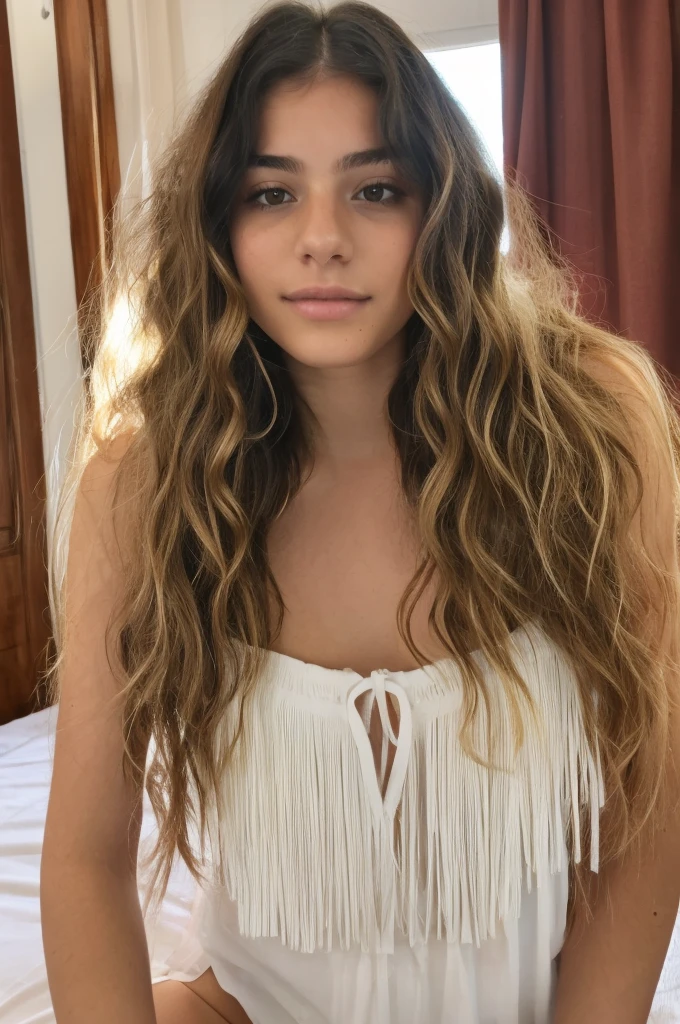 A pretty 17 year old white Spanish girl with long hair with wavy fringe with a cute and pretty face showing her sexy shoulders in her room sweaty from the heat