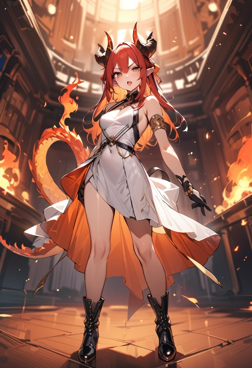 (masterpiece:1.2), (highest quality:1.2), 1girl, fire, solo, tail, horns, dragon-tail, dragon-girl, orange-hair, gloves, dress, dragon-horns, white-dress, looking-at-viewer, black-gloves, standing, bare-shoulders, full-body, red-hair, bangs, open-mouth, armlet, breasts, brown-eyes, scales, small-breasts, black-footwear, fiery-hair, hair-between-eyes, sleeveless, skirt, sleeveless-dress, jewelry, v-shaped-eyebrows, boots, orange-skirt