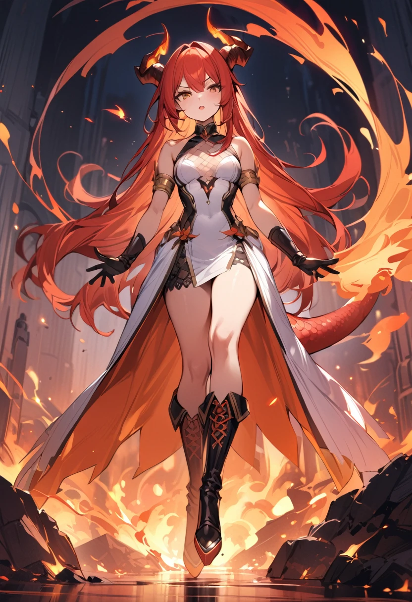 (masterpiece:1.2), (highest quality:1.2), 1girl, fire, solo, tail, horns, dragon-tail, dragon-girl, orange-hair, gloves, dress, dragon-horns, white-dress, looking-at-viewer, black-gloves, standing, bare-shoulders, full-body, red-hair, bangs, open-mouth, armlet, breasts, brown-eyes, scales, small-breasts, black-footwear, fiery-hair, hair-between-eyes, sleeveless, skirt, sleeveless-dress, jewelry, v-shaped-eyebrows, boots, orange-skirt
